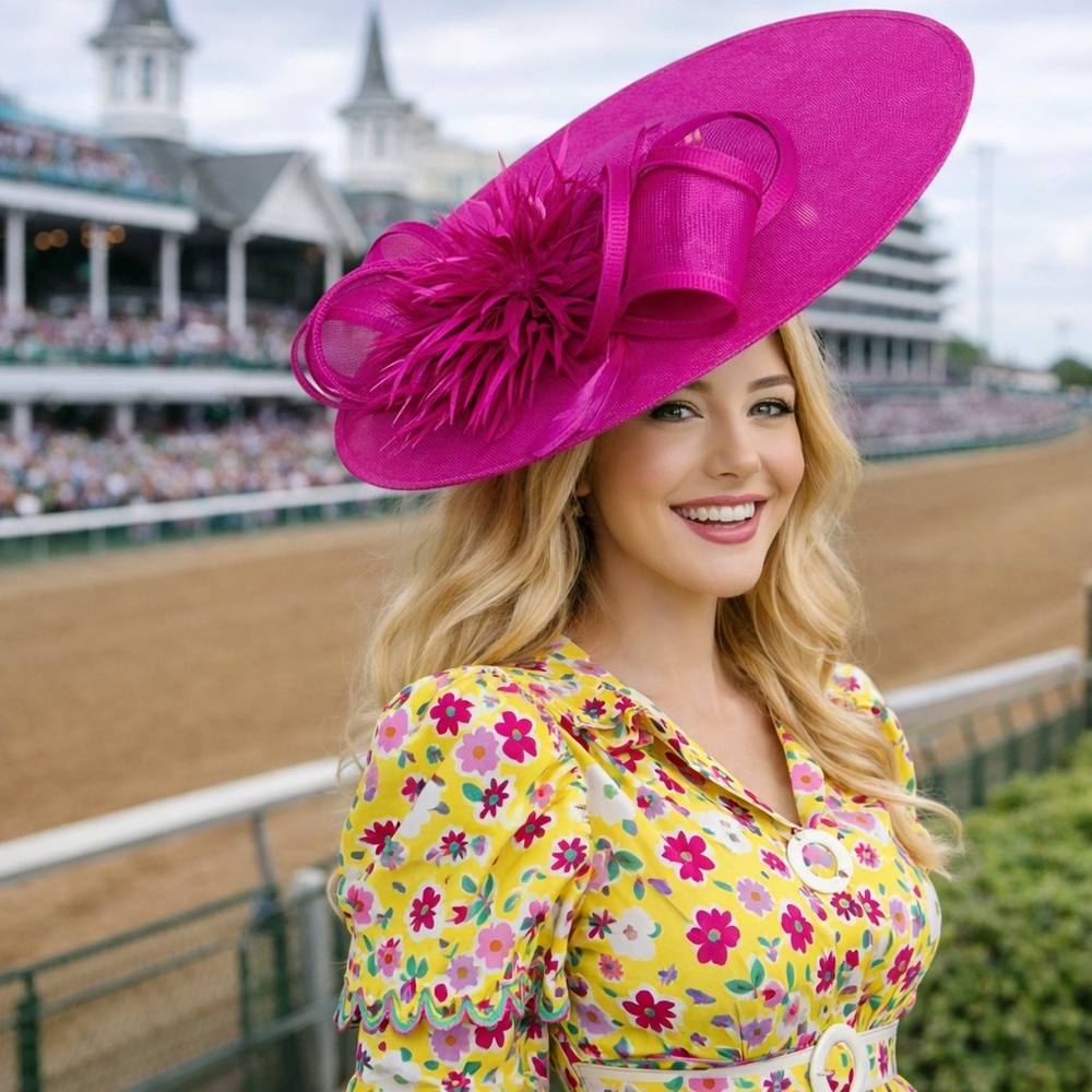 Rose Fuchsia Wide Brim KY Derby Oaks Hat Statement Pink Fascinator
